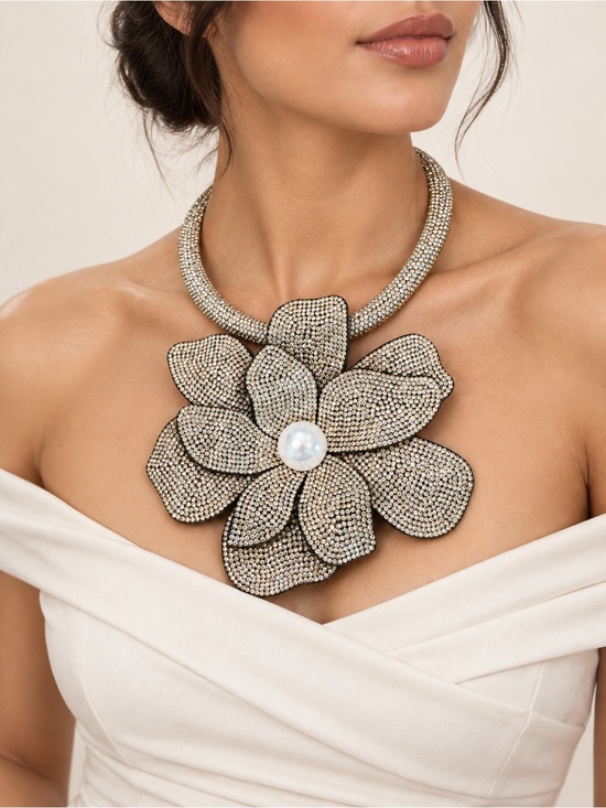 Anthropologie Jewelry - Oversized Rhinestone Flower Pearl Center Statement Necklace